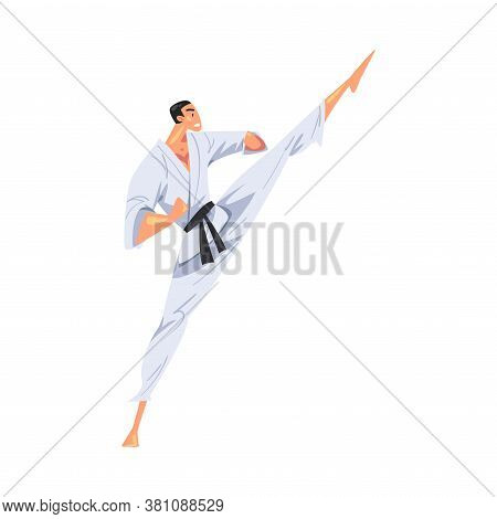 Man Karateka Doing High Leg Kick, Male Karate Fighter Character In White Kimono Practicing Tradition