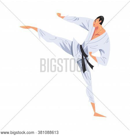 Man Karateka Doing Side Leg Kick, Male Karate Fighter Character In White Kimono Practicing Tradition