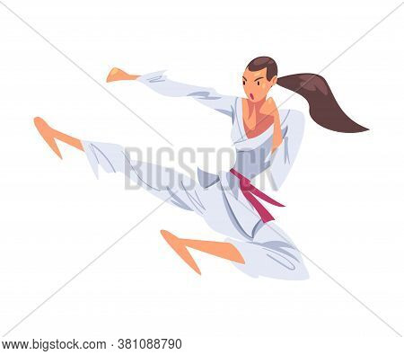 Girl Karateka Jumping Side Kick, Karate Fighter Character In White Kimono Practicing Traditional Jap