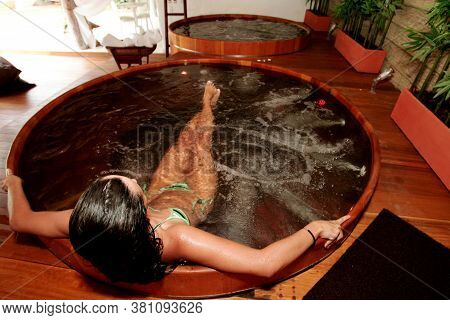 Porto Seguro, Bahia / Brazil - January 2, 2010: Young Man Is Seen In A Hot Tub In A Hotal In The Cit