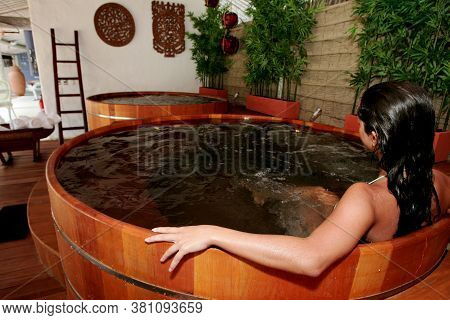 Porto Seguro, Bahia / Brazil - January 2, 2010: Young Man Is Seen In A Hot Tub In A Hotal In The Cit
