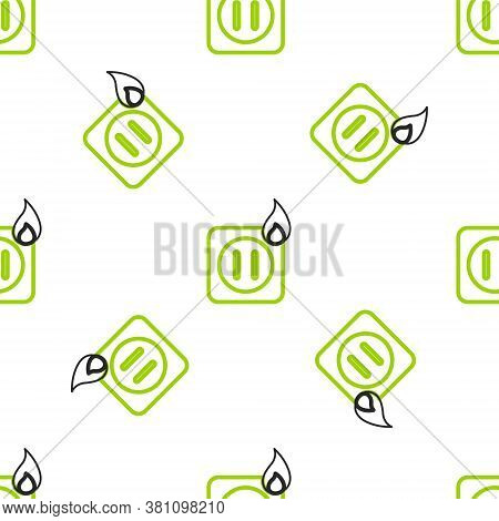 Line Electric Wiring Of Socket In Fire Icon Isolated Seamless Pattern On White Background. Electrica