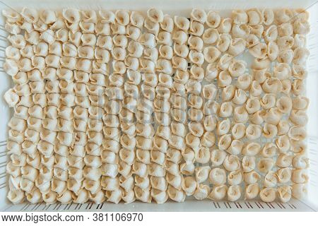 Raw Dumplings In A Row Lie In A White Box. The Concept Of Cooking , Semifinished Products.
