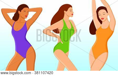 Beautiful And Sexy Young Women Relaxing, Stretching And Posing In Swimsuit On The Beach. Colorful Fl