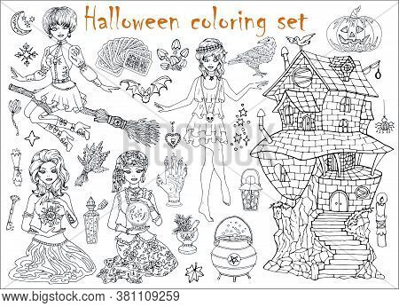 Halloween Coloring Set With Beautiful Witch Girls In Gipsy And Gothic Costumes, Scary House And Obje