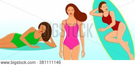 Beautiful And Sexy Young Women Sunbathing, Tanning And Relaxing In Swimsuit At The Beach. Colorful F