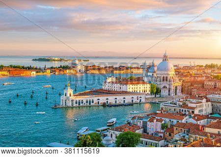 Top View Of Old Town Vanice At Sunset In Italy