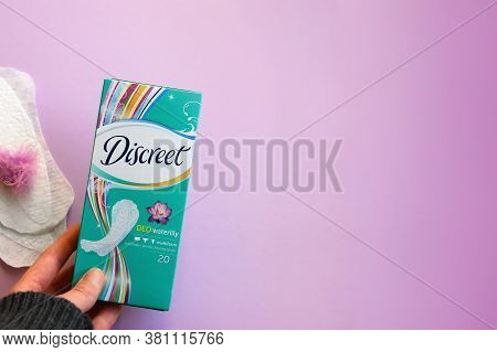 Kharkov, Ukraine - November 24, 2019: Box Of Daily Pads Discreet. Discreet Is An International Brand
