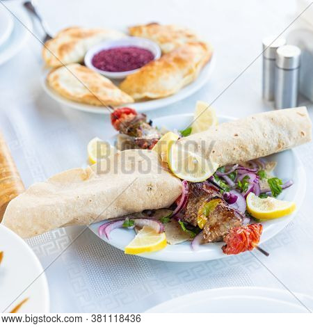 Tasty Kebab With Lavash Close Up View