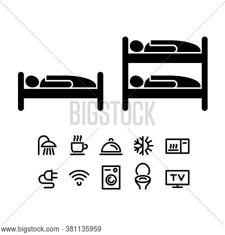 Hotel Or Hostel Icon Set - Navigation Signs For Booking Rental Services - Sleeping Place, Bunk Bed A