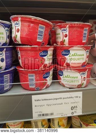 Finland, Lappeenranta 11.05,2019 Valio Yoghurts On Supermarket Shelves