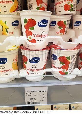 Finland, Lappeenranta 11.05,2019 Valio Yoghurts On Supermarket Shelves