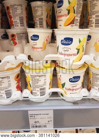 Finland, Lappeenranta 11.05,2019 Valio Yoghurts On Supermarket Shelves