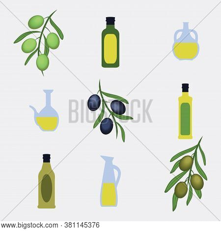 Vector Greek Style Bottles, Jars, Olive Leaves On Grey Background
