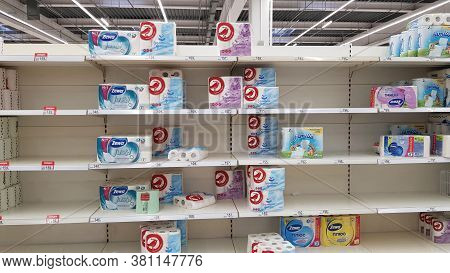 Russia, St. Petersburg 15.03.2020 Shelves With Toilet Paper In A Supermarket During The Coronavirus 