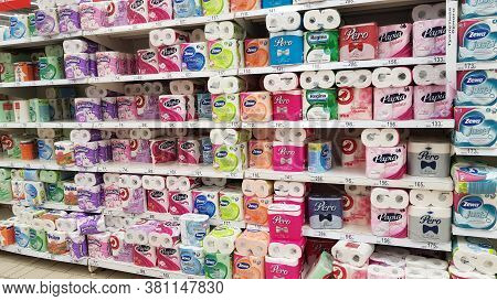 Russia, St. Petersburg 15.03.2020 Shelves With Toilet Paper In A Supermarket During The Coronavirus 