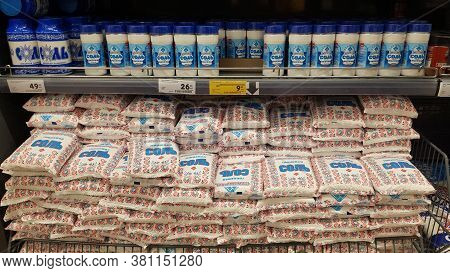 Russia, St. Petersburg 11.04.2020 Salt On The Shelves Of The Supermarket During The Coronavirus Pand