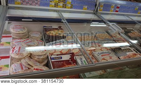 Russia, St. Petersburg 20.04.2020 Assorted Of Frozen Foods Display For Sell In The Supermarket.