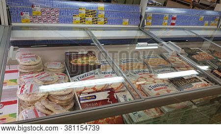 Russia, St. Petersburg 20.04.2020 Assorted Of Frozen Foods Display For Sell In The Supermarket.