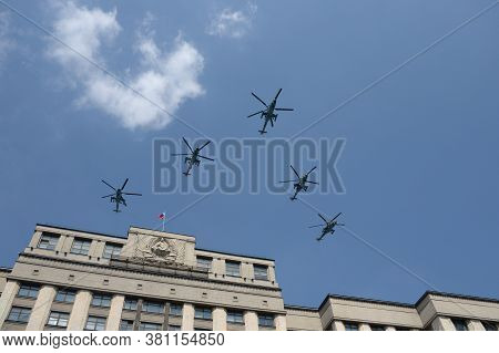 Moscow, Russia - June 20, 2020:attack Combat Helicopters Mi-35m In The Skies Over Moscow During The 