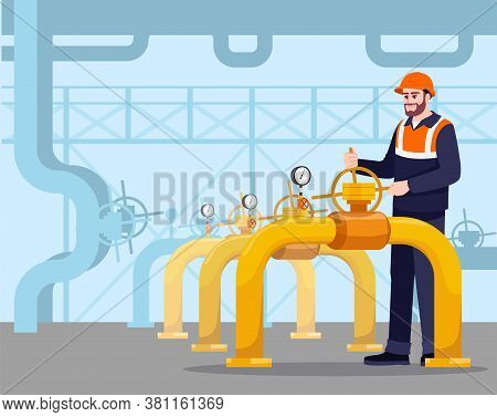 Pipeline Maintenance Semi Flat Vector Illustration. Gasman Working. Fuel Production. Petroleum Trans