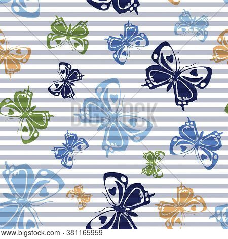 Flying Spring Butterfly Silhouettes Over Striped Background Vector Seamless Pattern. Girlish Fashion