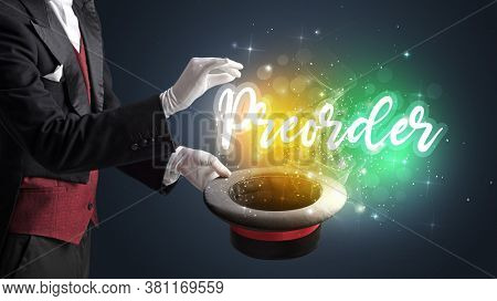 Magician hand conjure with wand and Preorder inscription, shopping concept