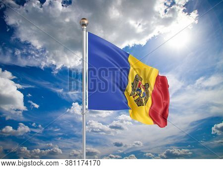 Realistic Flag .3d Illustration. Colored Waving Flag Of Moldavia On Sunny Blue Sky Background.
