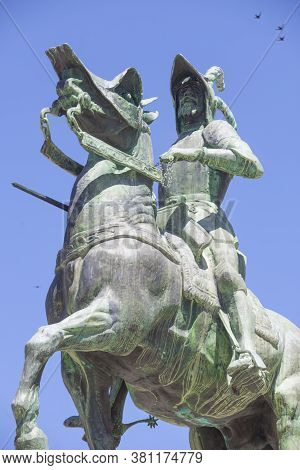 Trujillo, Spain - June 26th, 2020: Equestrian Statue Of Francisco Pizarro At Plaza Mayor Of Trujillo