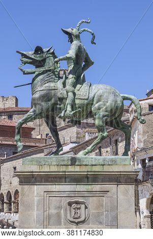 Trujillo, Spain - June 26th, 2020: Equestrian Statue Of Francisco Pizarro At Plaza Mayor Of Trujillo