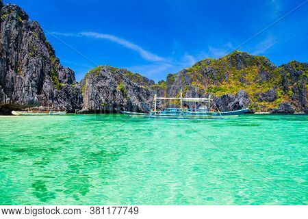 Traditional Filipino Boat Bangka Or Banca In El Nido Province, Palawan Island In Philippines