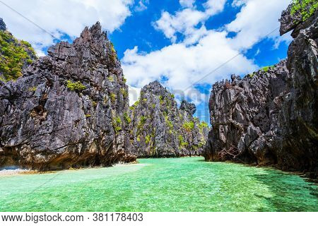 Landscape Of The Beautiful Mountain Cliff And Lagoon, El Nido Province In Palawan Island In Philippi