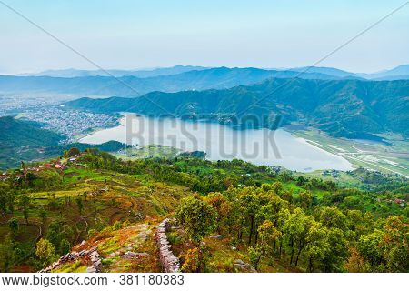 Phewa Lake Aerial Panoramic View. Phewa Lake Or Fewa Tal Is A Mountain Lake Near Pokhara City In Him