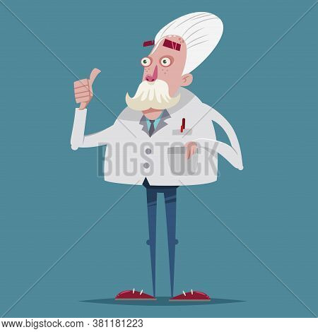 Funny Scientist Chemist In A Laboratory Suit. Vector Cartoon Character Of An Old Professor.