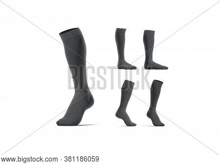 Blank Black Pair Soccer Socks Toe Mock Up, Different Views, 3d Rendering. Empty Fabric Kneehighs For