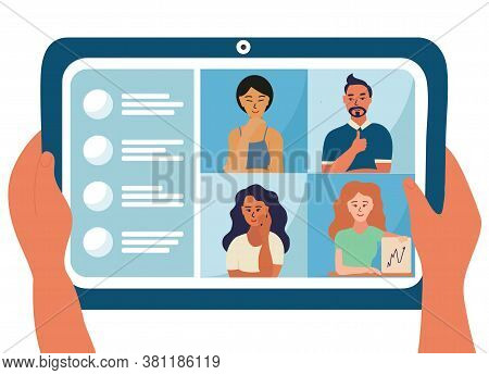 Four People Are On The Tablet Device Screen, Conference Video Call Vector Illustration Design. Solve