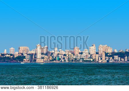 Mumbai City Skyline Panoramic View From Nariman Point At Marine Drive. Mumbai Is A Financial Capital