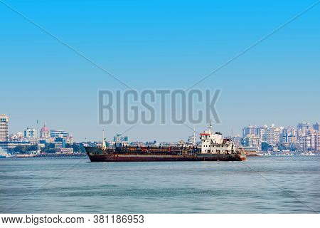 Big Ship And Mumbai City Skyline Panoramic View From Nariman Point At Marine Drive. Mumbai Is A Fina