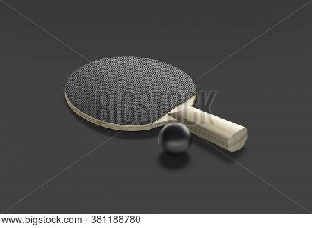 Blank Black Table Tennis Racket With Ball Mockup, Dark Background, 3d Rendering. Empty Wood Ping-pon