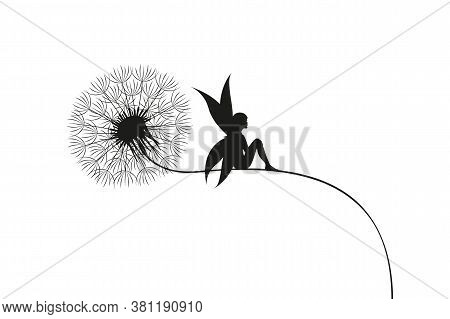 Fairy Sits On A Dandelion Silhouette Vector Illustration Eps10