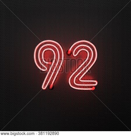 Glowing Red Neon Number 92 (number Ninety-two) On A Perforated Metal Background. 3d Illustration