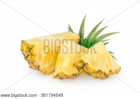 Pineapple Piece Isolated On White Background. Fresh Pineapple Chunk Macro.  Pineapple With Leaves. F