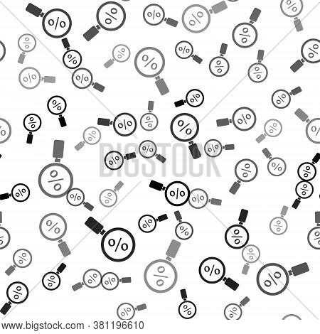 Black Magnifying Glass With Percent Icon Isolated Seamless Pattern On White Background. Discount Off