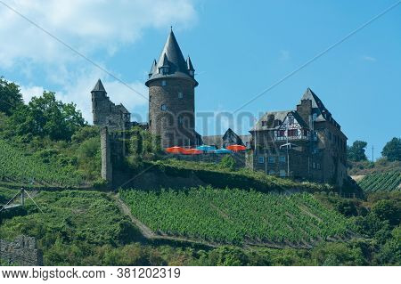 Stahleck Castle (burg Stahleck) Seen Through Grape Vines In Bacharach In Rhineland-palatinate, Germa