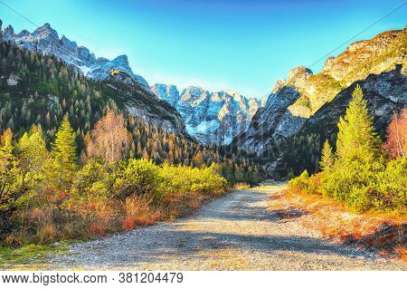 Scenic Image Of Rocks And Road In National Park Tre Cime Di Lavaredo.  Location: National Park Tre C