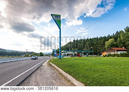 Miercurea Ciuc, Romania- 17 August 2020: Omv Gas Station Near Roadside At Sunset.