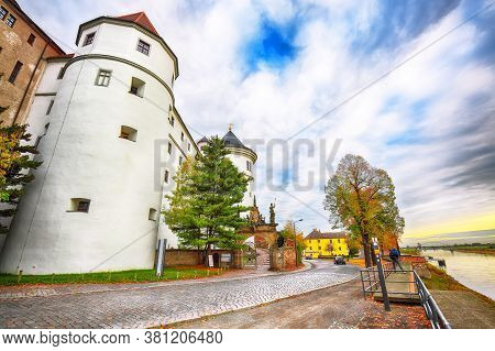 Picturesque Morning View Of Hartenfels Castle On Banks Of The Elbe. Location: Torgau, Northwestern S
