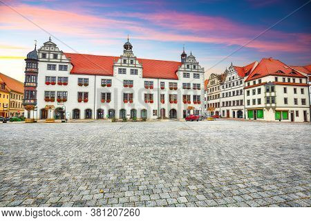 Splendid Autumn View Of Torgau Rathaus. Picturesque View Of Torgau Town On The Banks Of The Elbe. Lo