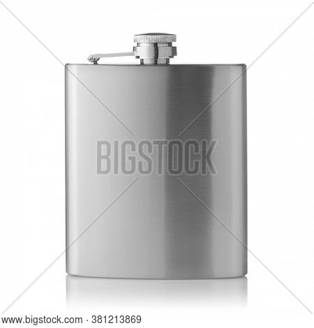 Front view of stainless steel hip flask isolated on white