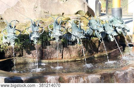 Temizuya - water basin for ritual ablution with dragons heads in Hakone Shrine, Hakone city, Kanagawa prefecture, Japan 